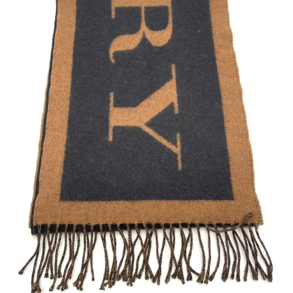 NEW RARE BURBERRY 100% cashmere Camel - Black Branded Logo Scarf UNISEX - Picture 7 of 12